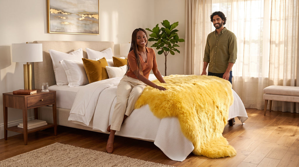 Genuine Golden Yellow Sheepskin Rug – Quad-Pelt Shaggy Wool Area Rug