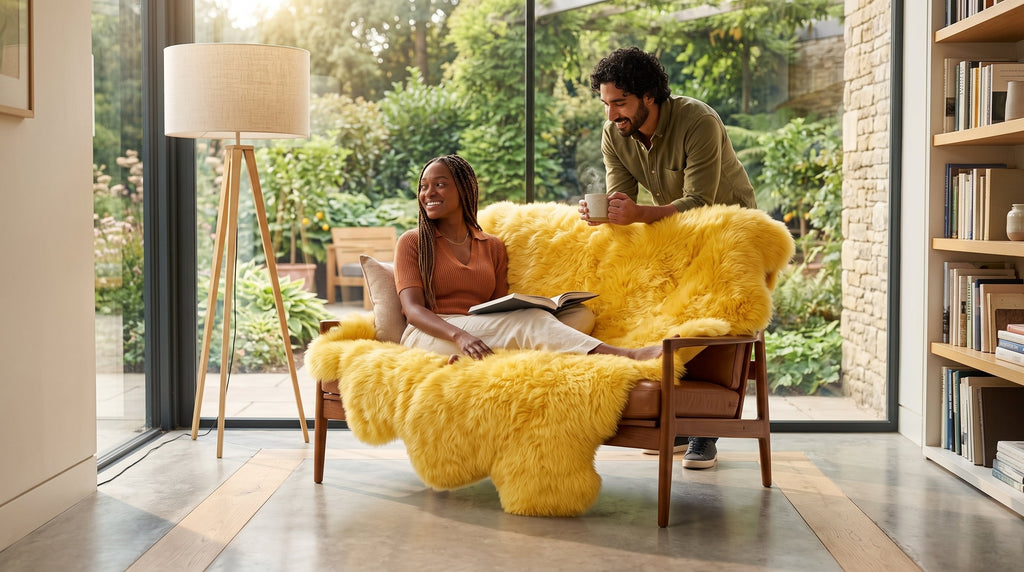Genuine Golden Yellow Sheepskin Rug – Quad-Pelt Shaggy Wool Area Rug