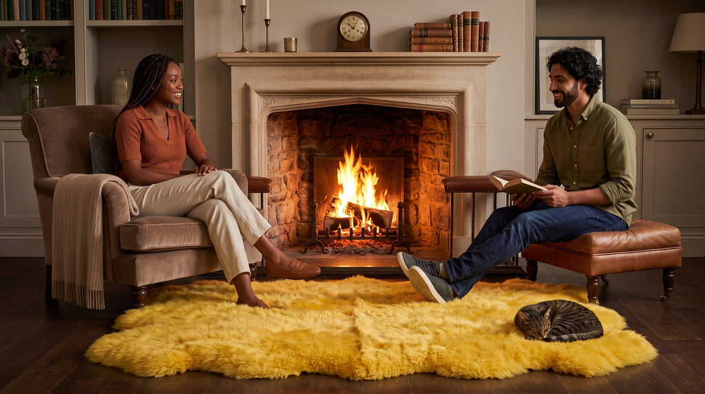 Genuine Golden Yellow Sheepskin Rug – Quad-Pelt Shaggy Wool Area Rug