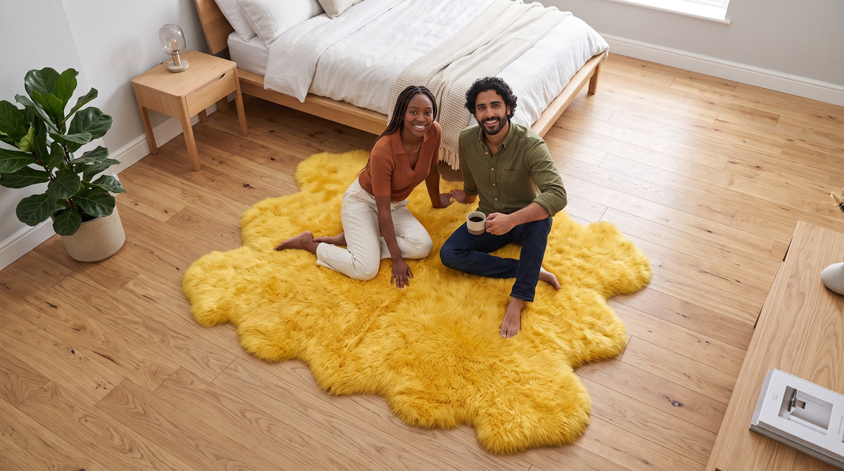 Genuine Golden Yellow Sheepskin Rug – Quad-Pelt Shaggy Wool Area Rug