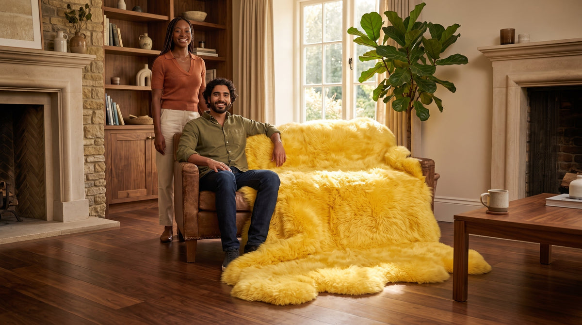 Genuine Golden Yellow Sheepskin Rug – Quad-Pelt Shaggy Wool Area Rug
