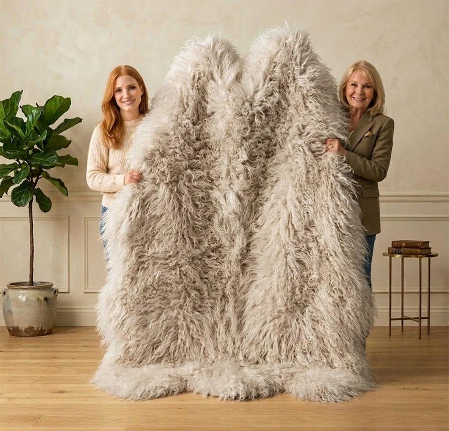 Two women holding up a large, fluffy shaggy faux fur throw blanket in a warm neutral-toned room with a potted plant and wooden floor.